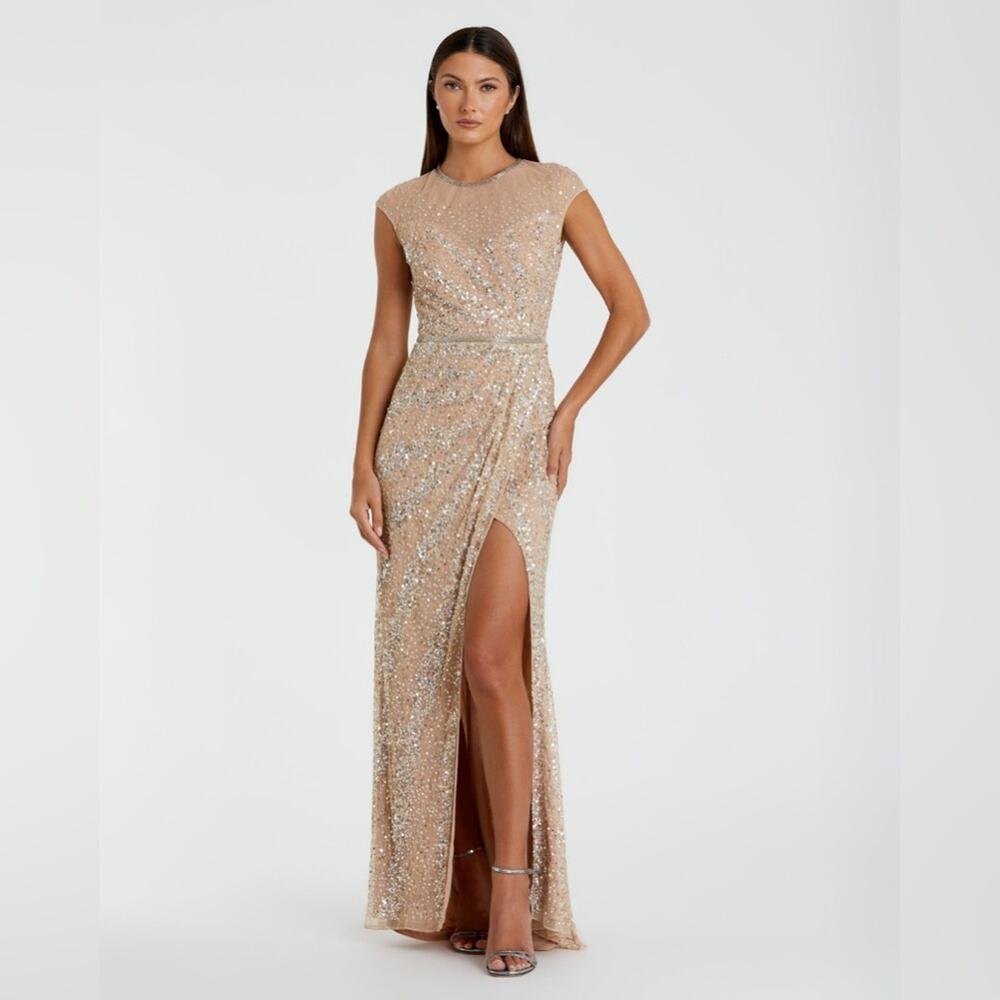 Mac Duggal Beige Embellished Illusion High Neck Cap Sleeve Gown, Size 2 NWT